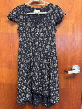 VTG Denim & Supply Ralph Lauren Navy Floral High Low Pintuck Cottagecore Dress
